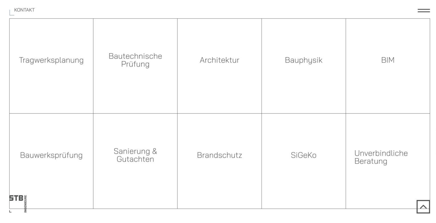 Leistungsübersicht auf stb-ingenieure.de mit neun Fachbereichen als Kachelraster