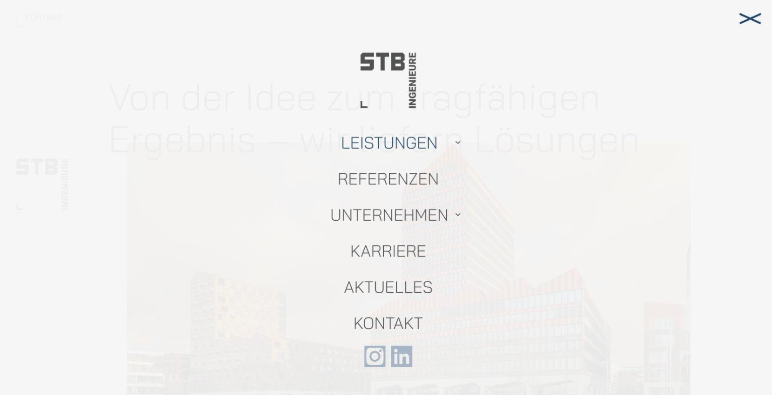 Geöffnetes Menü auf stb-ingenieure.de